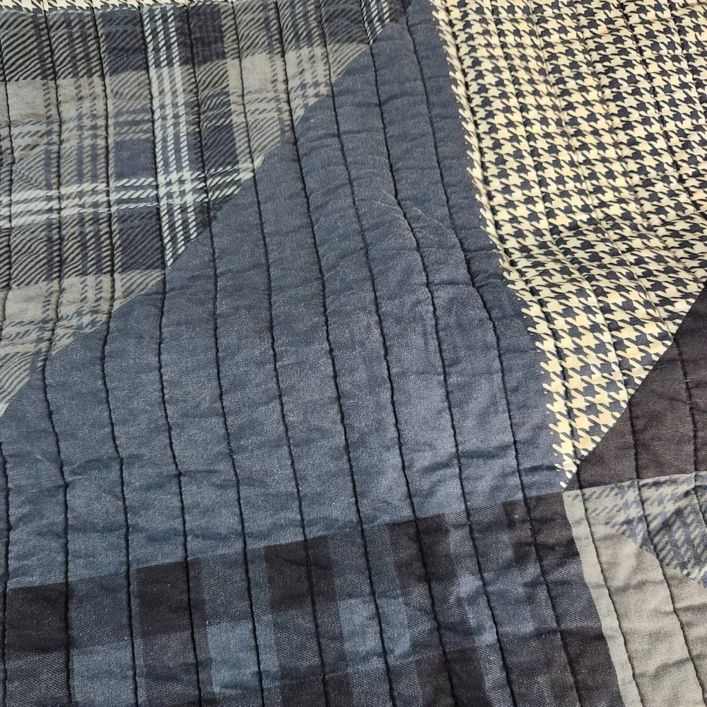 Set Two Blue Plaid Standard Pillow Shams 100% Cotton Quilted Patchwork Farmhouse